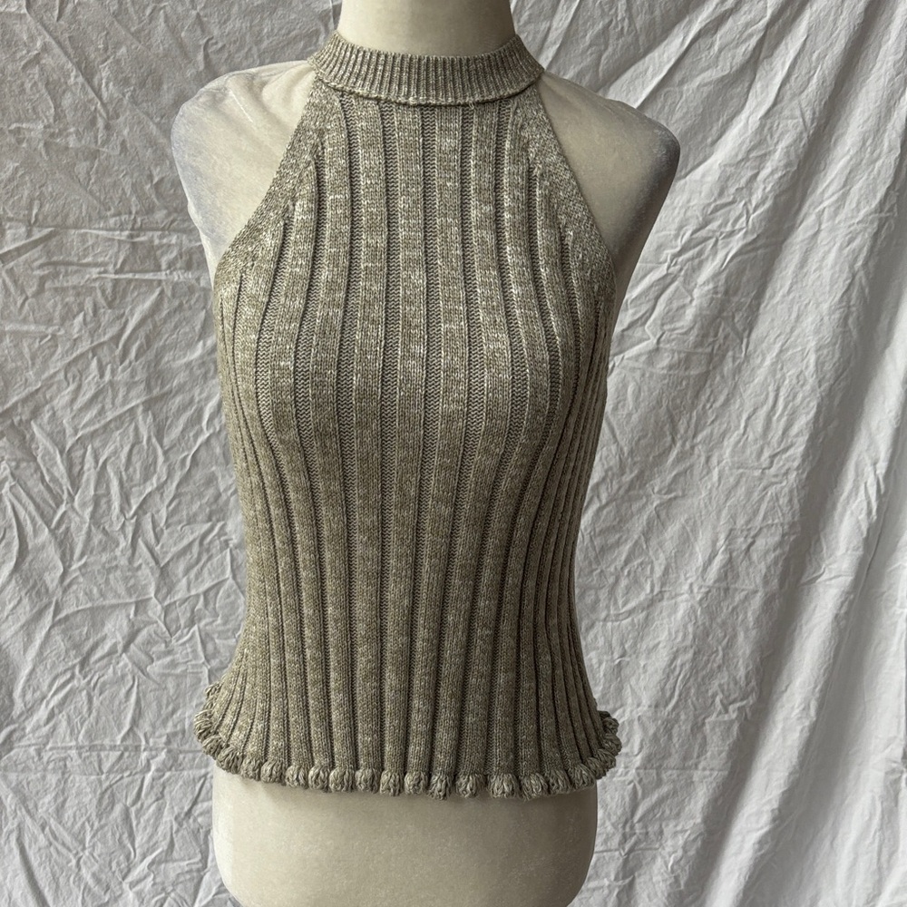 Pilcro Ribbed Knit Halter Top in Tan